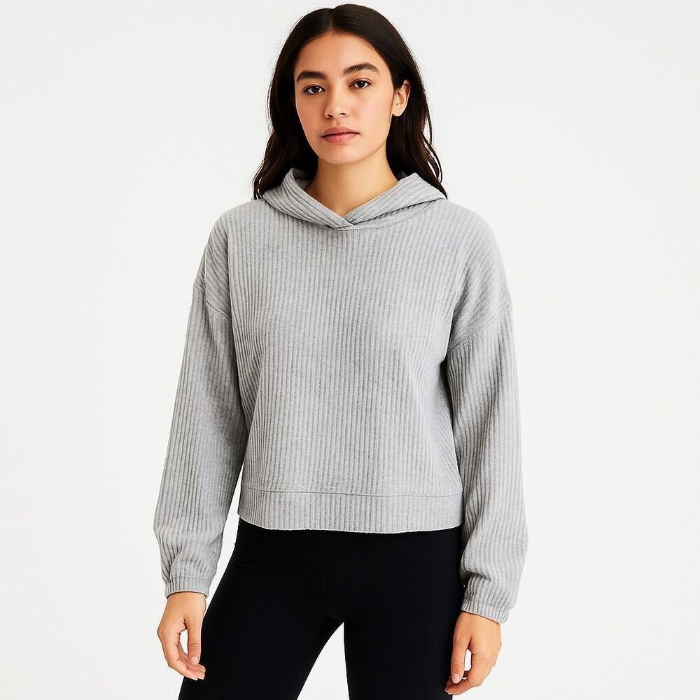 Aerie Women's Gray Ribbed Hoodie Sweatshirt Size M Relaxed Fit